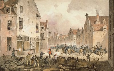 Combats et barricades dans la rue de Flandre, Bruxelles, 23 septembre 1830, gravé par Dewasme-Pletinckx - Paulus Lauters